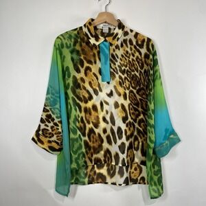 Feratelli Womens Leopard Tunic Top Size L Sheer High Low Colorful Relaxed
